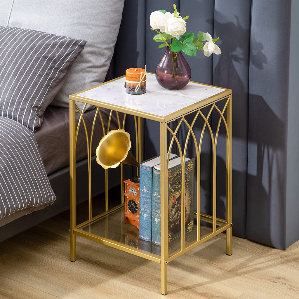 Gold End Table Nightstand Living Room Set of 2 - Modern Coffee Table Narrow Side Table with 2 Storage Tiers Shelves - Marble Top Tempered Glass Bottom Gold Frame Bedside Tables for Bedroom