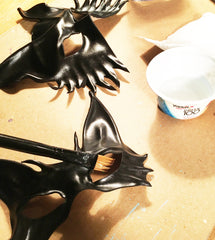 Leather masks being made by Caroline Guyer of Teonova Leather masks as potential candidates to become Maskelle mask molds