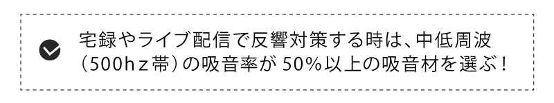 宅録やライブ配信で反響対策する時は、中低周波
(500hz帯)の吸音率が50%以上の吸音材を選ぶ!