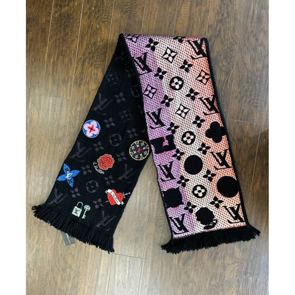 LOUIS VUITTON Logomania Rainbow Wool Silk Scarf Navy