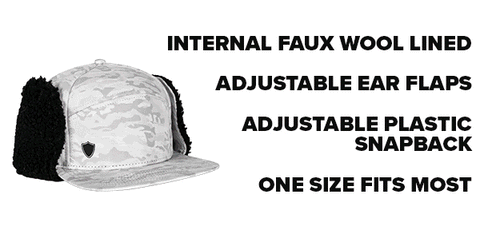 Internal faux wool lined. Adjustable Ear Flaps. Adjustable plastic snap back. One size fits most.