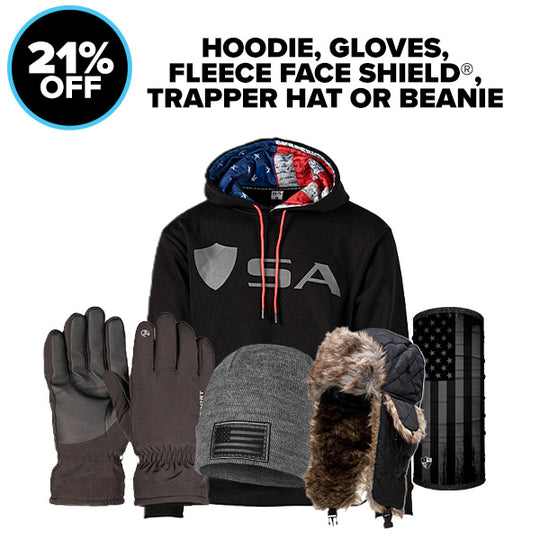 Hoodie + Gloves + | Trapper or Beanie + Fleece Face Shields®