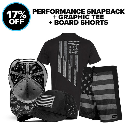 PERFORMANCE SNAPBACK + GRAPHIC TEES + BOARD SHORTS