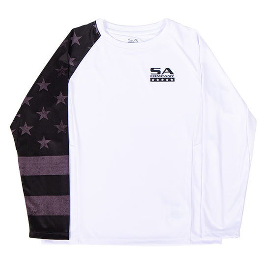 Kids Performance Long Sleeve Shirt | White | Blackout American Flag