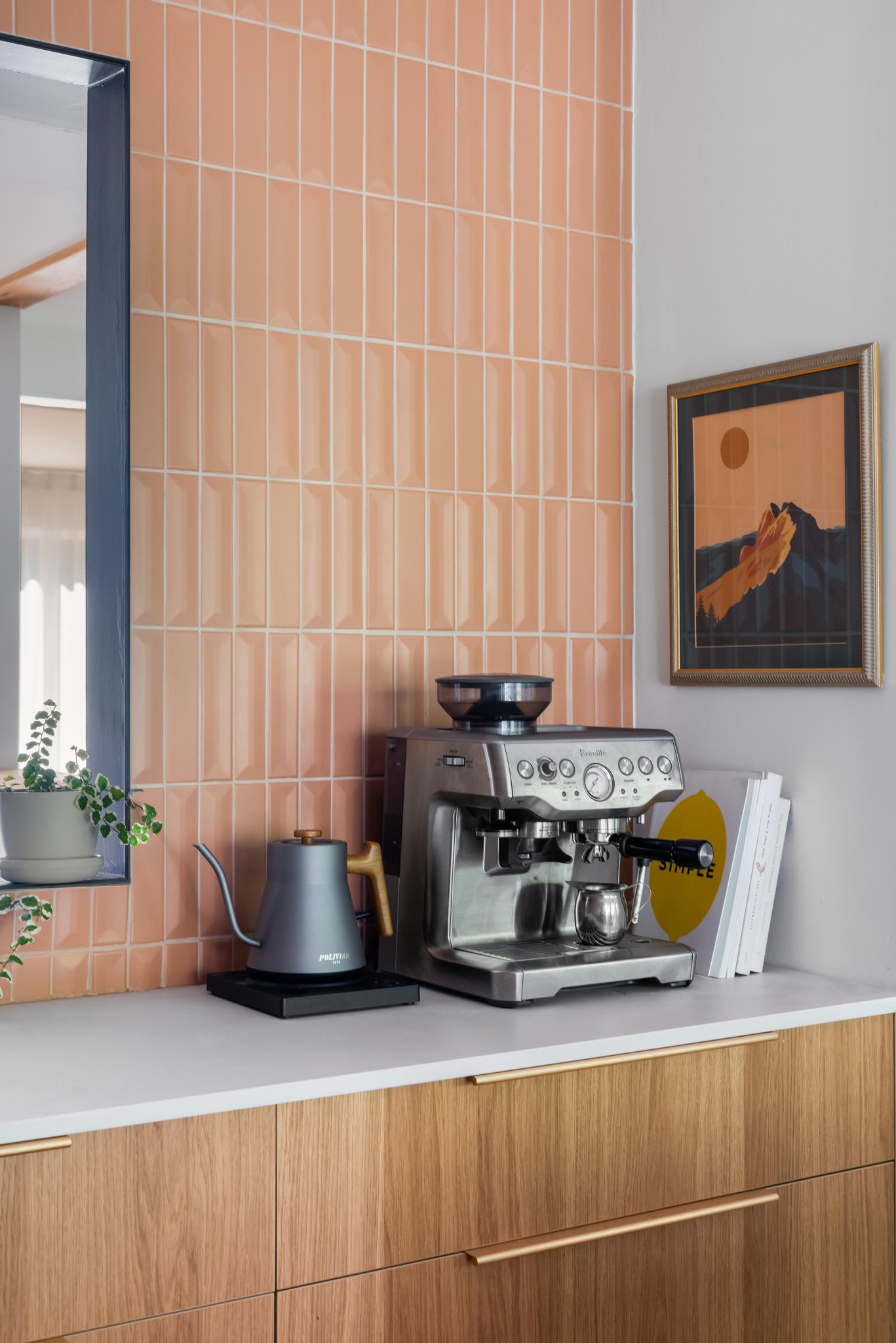 espresso machine on counter terracotta tiles swede kitchen designed by studio hemma