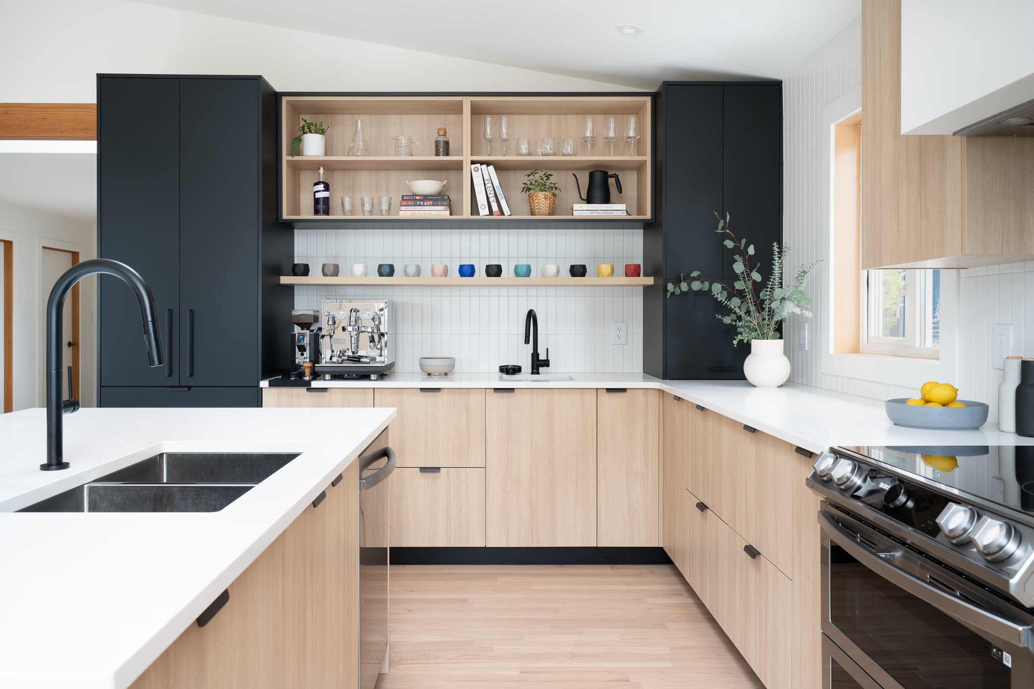 Gibsons swede kitchen matte black and white oak coffee bar design rnj interiors