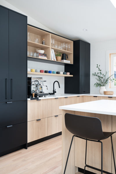 Gibsons swede kitchen matte black and white oak kitchen coffee bar designed rnj interiors