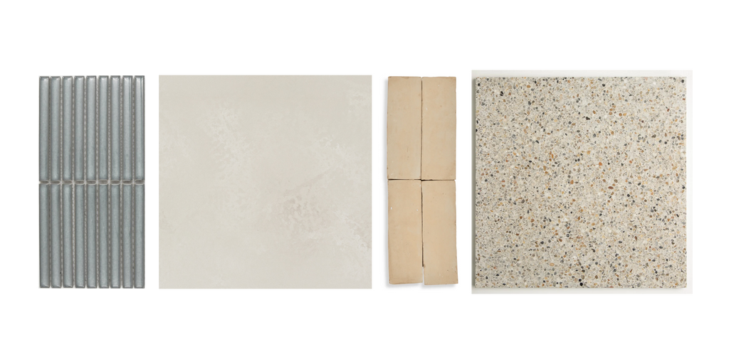 Swede kitchens mid century inspired materials kit kat mosaic tile caesarstone cloudburst concrete honed quartz terracotta tile geon tile terrazzo