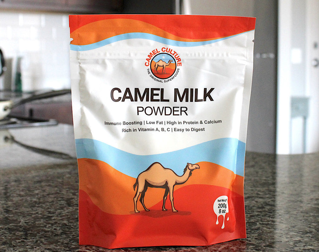 A delicious and nutritious bag of camel milk powder placed on a kitchen counter.