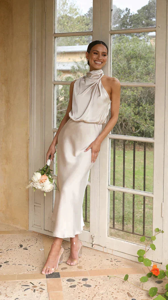 Product Image for WW | Elegantes Brautjungfernkleid Mit Langem Neckholder Aus Satin, Champagner / L