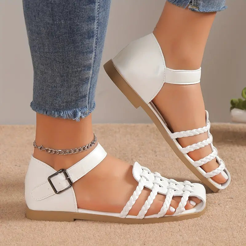 Product Image for WW | Flache Sandalen mit Geflochtenem Riemen Am Knöchel und Geschlossenen Zehen, 41 / Weiß