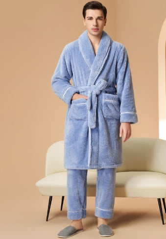 Product Image for WW | Schöner Plüsch Langes Bademantel-Pyjama-Set, XL / Meeresblau (Herren Set) Bequemer Baumwoll-Fleece