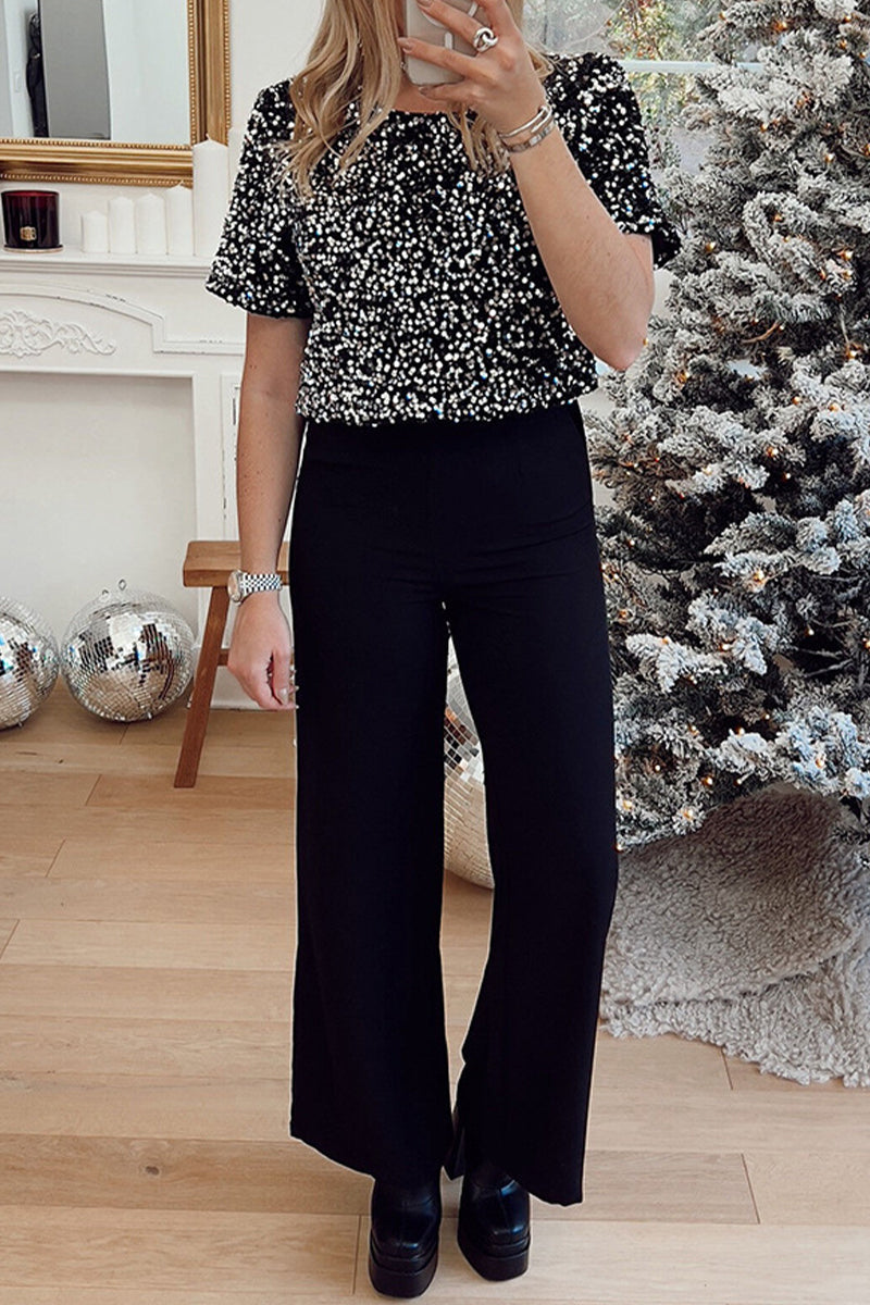 Product Image for WW | Lässige Einfarbige Pailletten Pailletten O-Hals Lockere Overalls, Schwarz / L