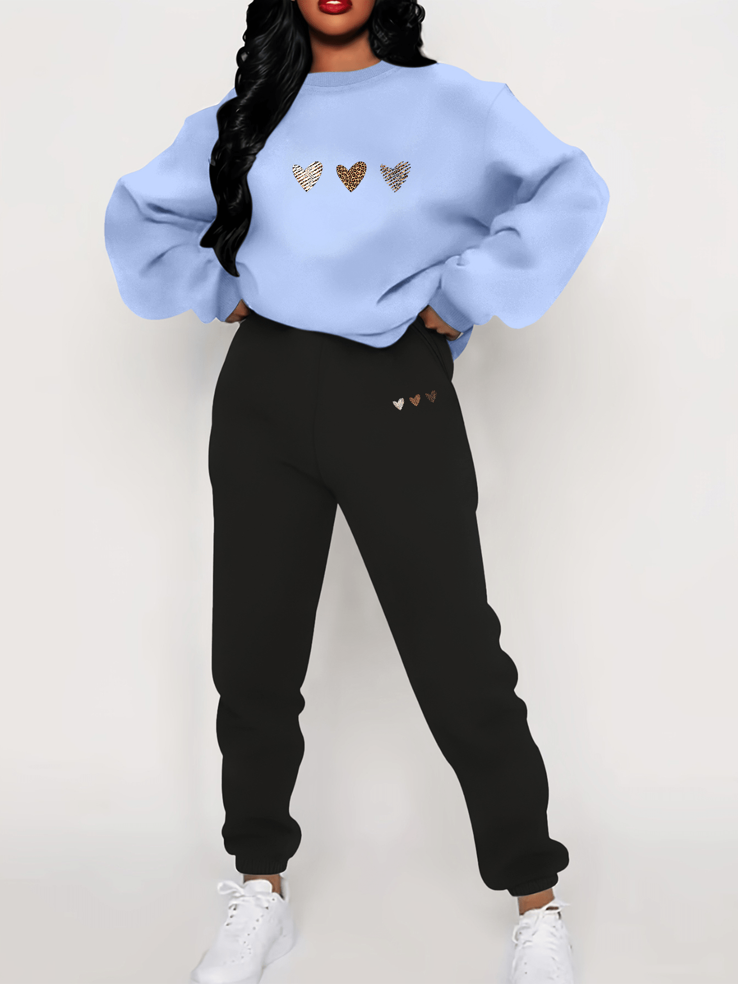 Product Image for WW | Baumwolle Herz Druck Sweatshirt & Sweatpants Trainingsanzug Set Ideal für Herbst/Winter, Blau+Schwarz / XXL