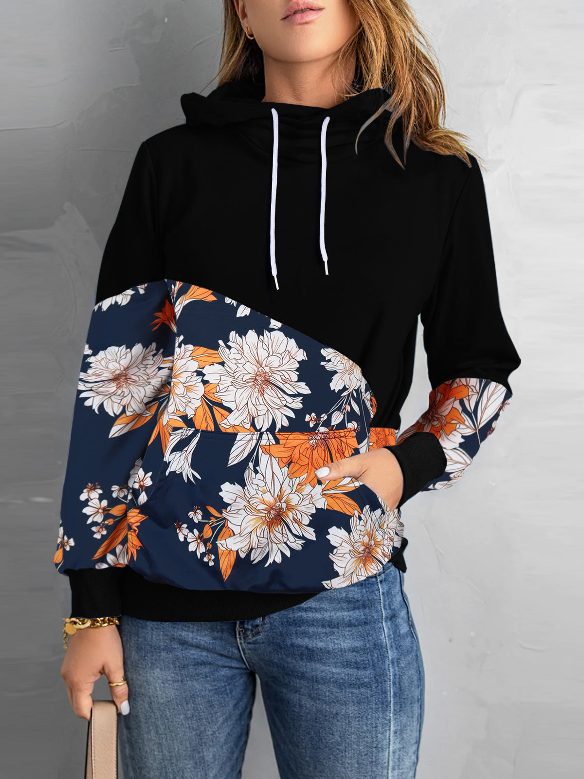 Product Image for WW | O Hals Langarm Blumenprint Kordelzug Sweatshirt, Schwarz Blumen 1 / S