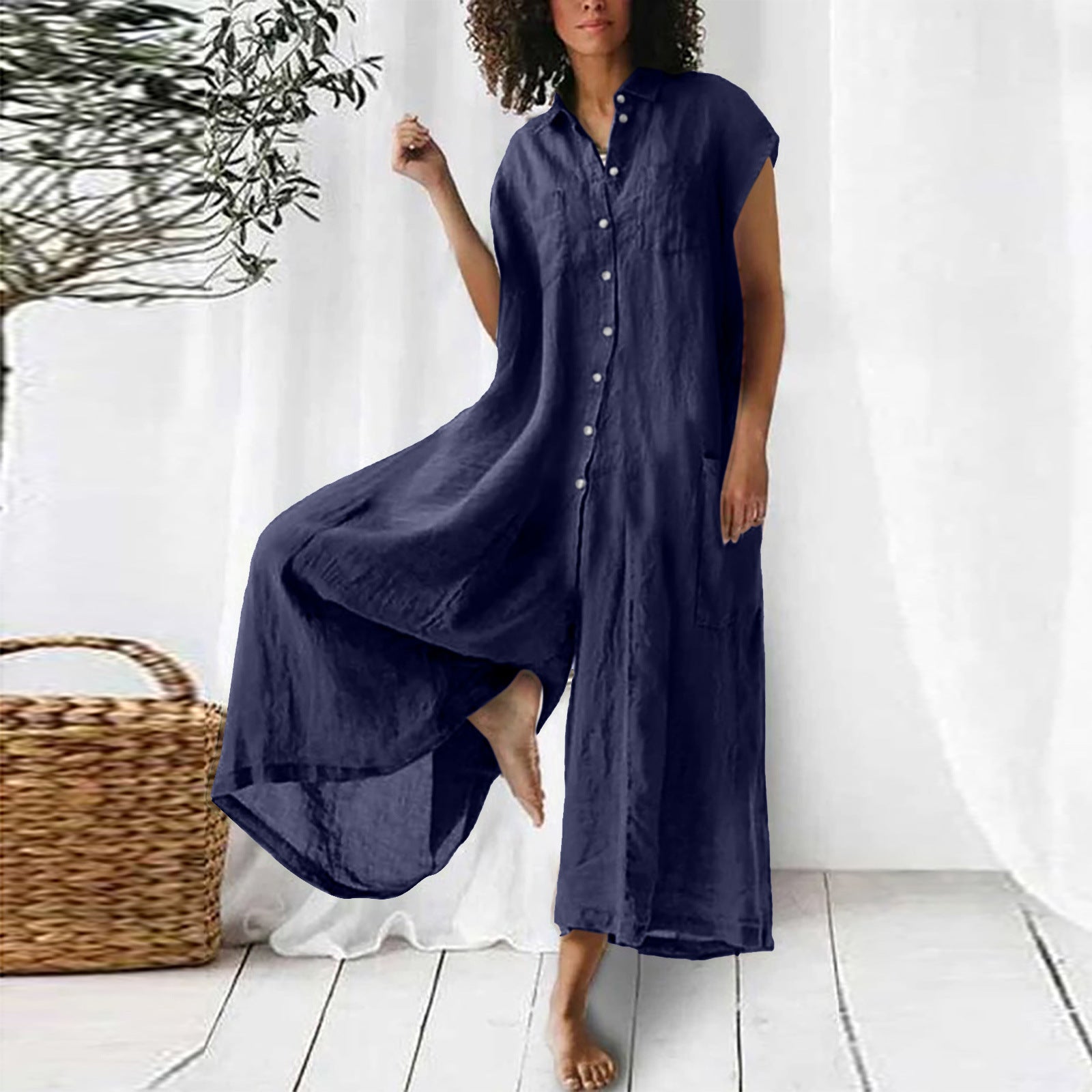 Product Image for WW | Super Stylischer Leinen Jumpsuit Für Damen, Dunkelblau / XL