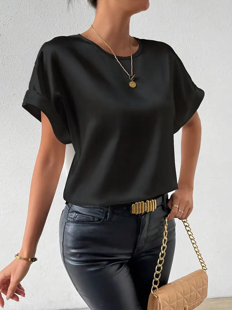 Product Image for WW | Satin T-Shirt Mit Umgeschlagenen Ärmeln Für Damen, Schwarz / S
