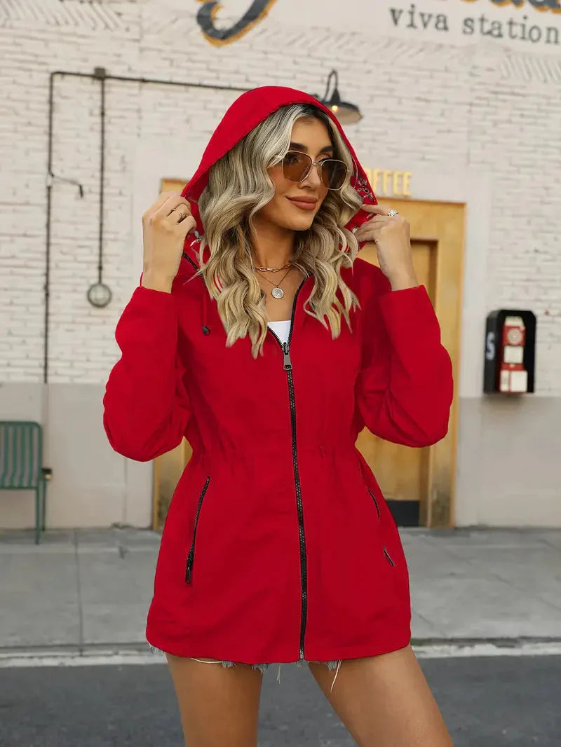 Product Image for Damen Sommerjacke mit Blumenmuster, Kapuze und Reißverschluss, Rot / M
