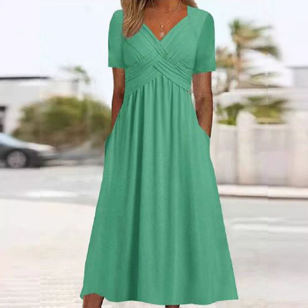 Product Image for WW | Elegantes V-Ausschnitt Kleid Mit Empire Taille Und Taschen Für Damen, Grün / 2XL