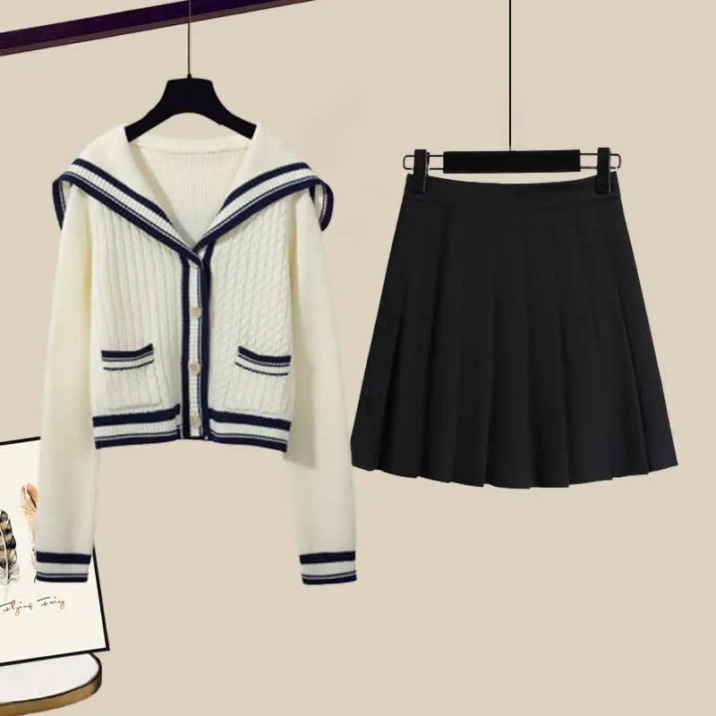 Product Image for WW | Zopfmuster Pullover Freizeithose Faltenrock Zweiteiliges Set, Blauer Pullover+schwarzer Rock / L