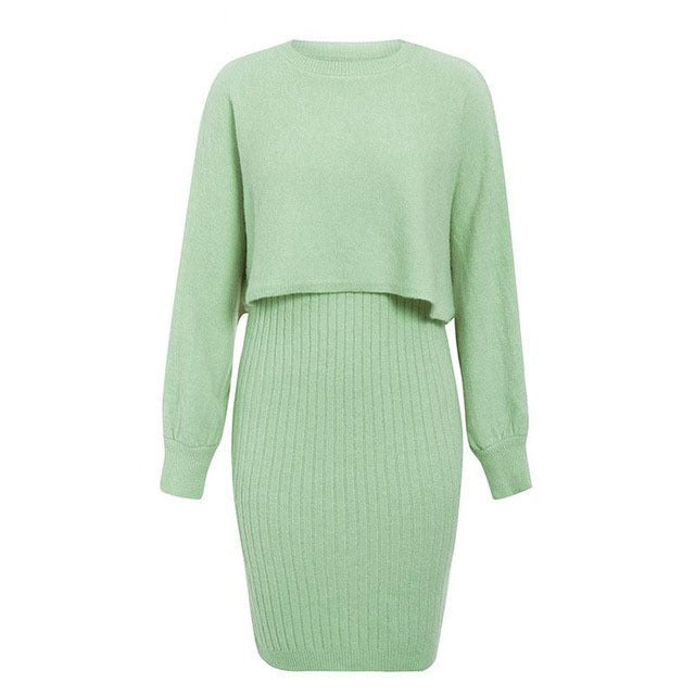 Product Image for WW | teilige gestrickte Set - elegantes gestricktes ärmelloses Kleid mit Pullover für Herbst und Winter, Grün / Eine Größe
