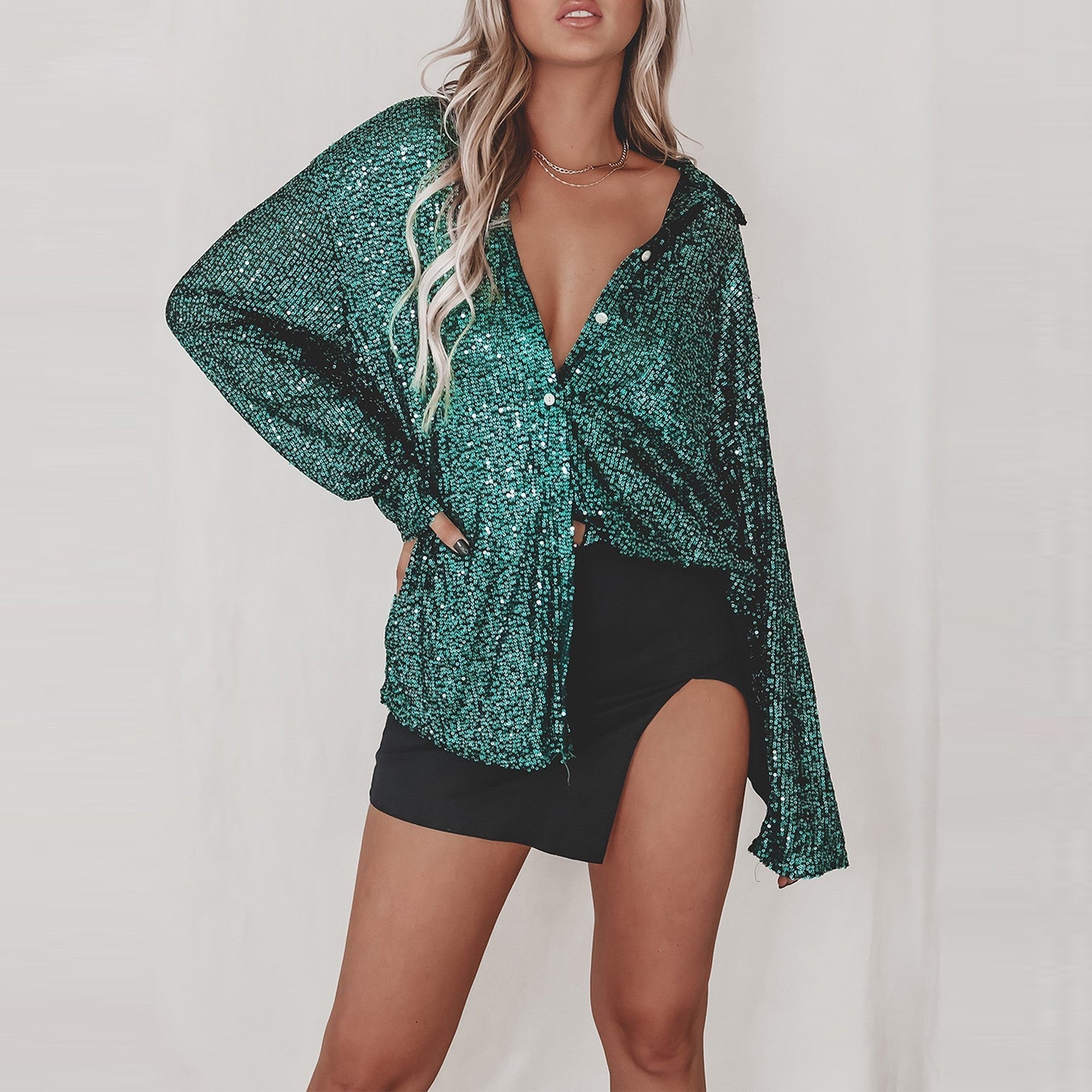 Product Image for WW | Langärmliges Paillettenshirt Mit Modischem Revers Für Partys Und Streetstyle, Grün / S