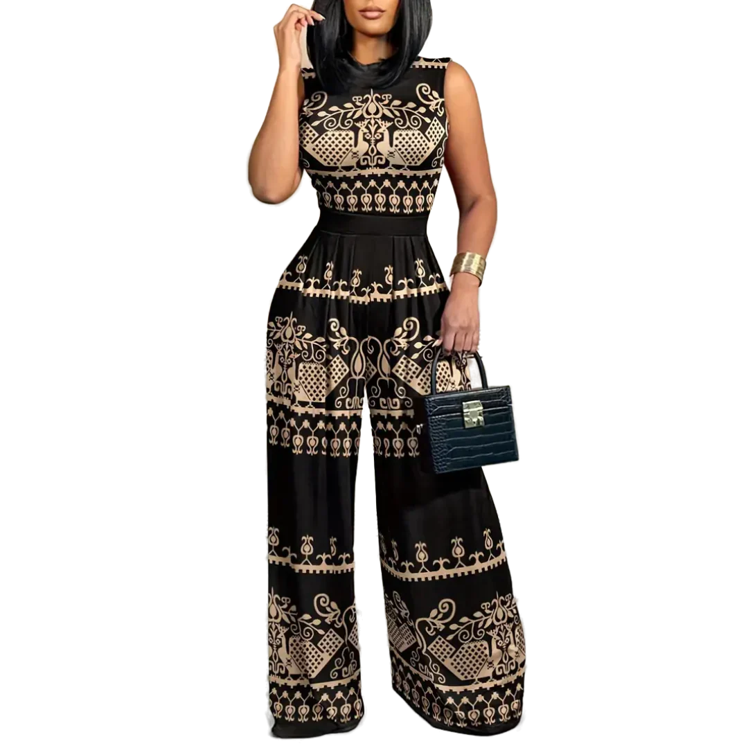 Product Image for Ärmelloser Jumpsuit - Boho - Blumendruck Weites Bein, Gold Schwarz / L
