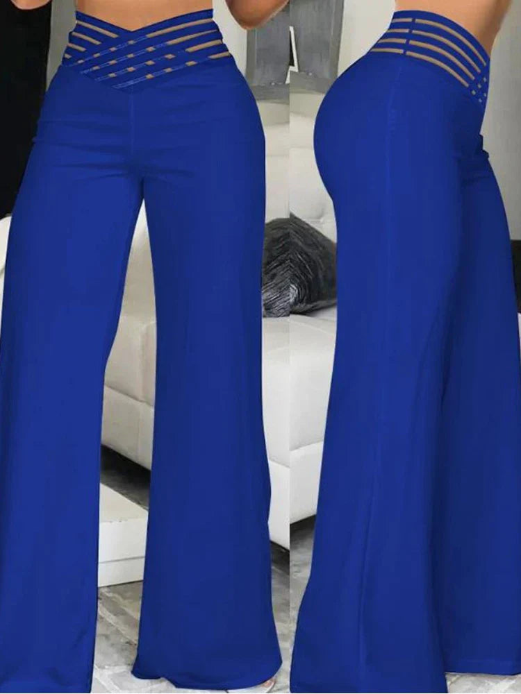 Product Image for WW | Elegante Hohe Taille Ausgestellte Damenhose Büro Lässig Crisscross Transparente Netz Patches Netz Patches Lässige Hose Damen Kleidung, Blau / XL