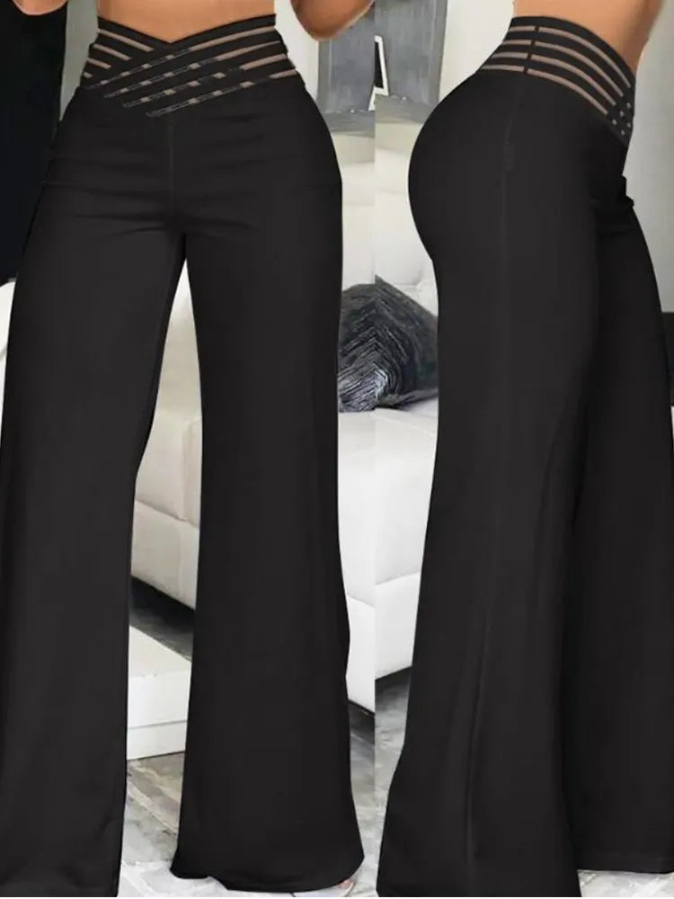 Product Image for WW | Elegante Hohe Taille Ausgestellte Damenhose Büro Lässig Crisscross Transparente Netz Patches Netz Patches Lässige Hose Damen Kleidung, Schwarz / 