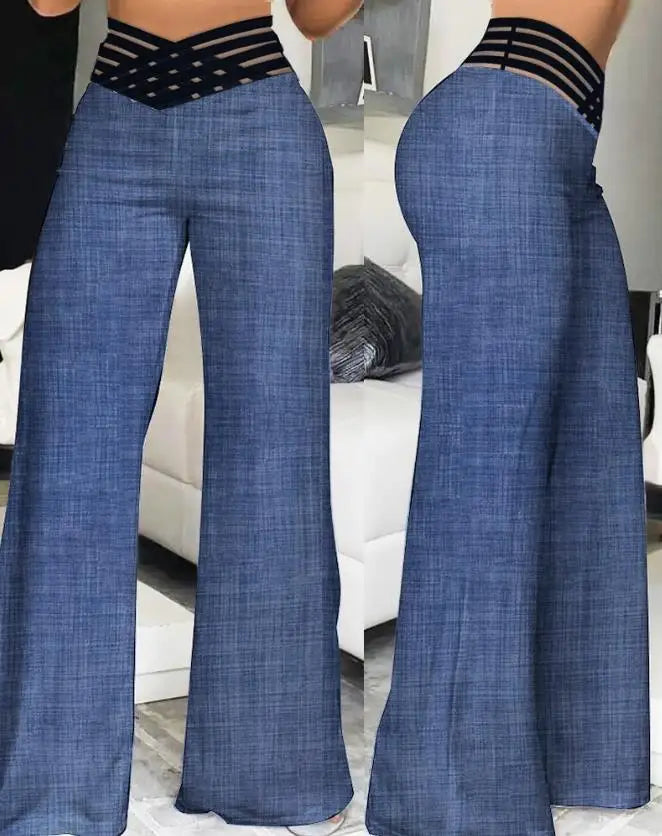 Product Image for WW | Elegante Hohe Taille Ausgestellte Damenhose Büro Lässig Crisscross Transparente Netz Patches Netz Patches Lässige Hose Damen Kleidung, Denim Blau