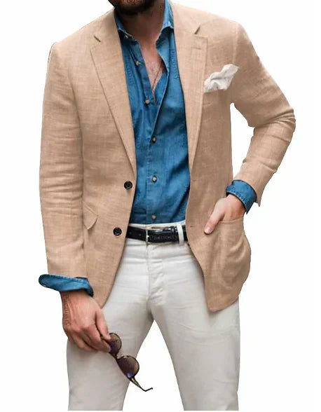 Product Image for WW | Herren Leinen Blazer Strand Hochzeit Lässig Tailored Fit Solide Farbe Einreihig Zwei Knöpfe, Khaki / XL
