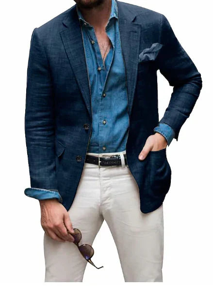 Product Image for WW | Herren Leinen Blazer Strand Hochzeit Lässig Tailored Fit Solide Farbe Einreihig Zwei Knöpfe, Blau / XL