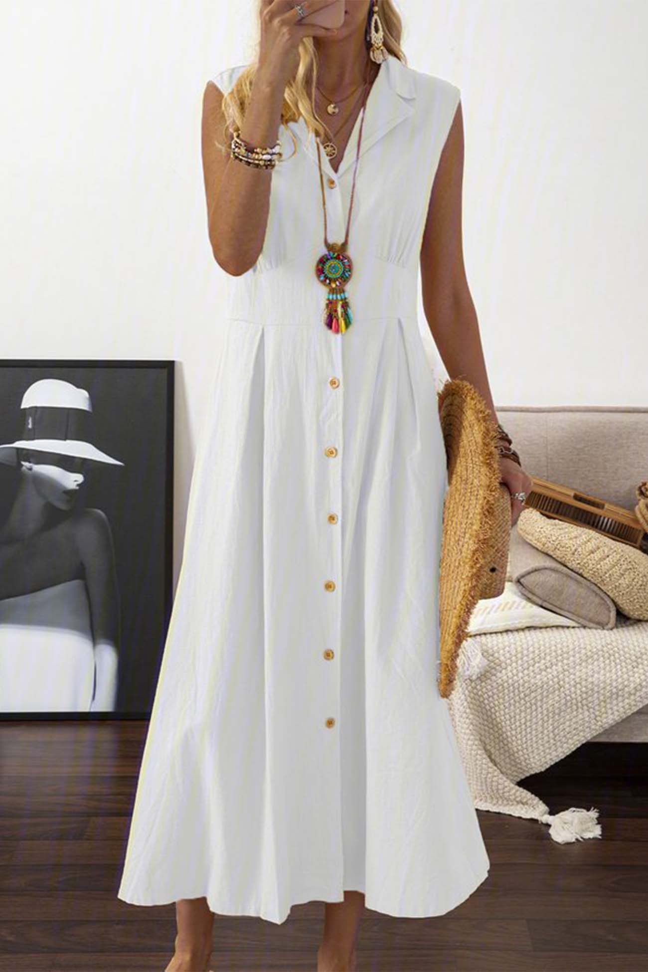 Product Image for WW | Revers Knopfleiste Ärmelloses Midi Kleid, Weiß / 3XL