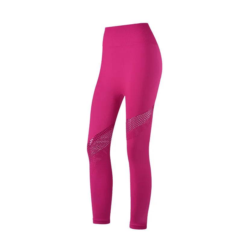 Product Image for WW | Nahtloses Yoga-Set Sport Outfits Frauen 2Pcs Geteilt Hohl Lange Ärmel Crop Top Leggings Trainingskleidung Fitness Set, Rosenrot Leggings / M