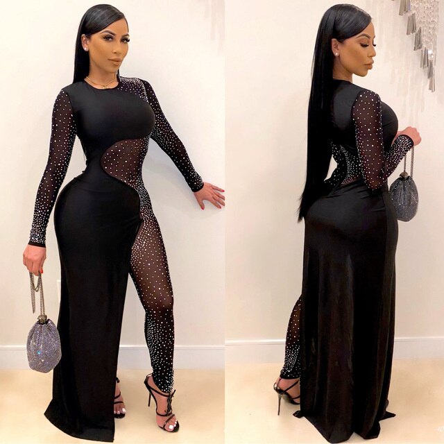 Product Image for WW | Nieten Mesh Langarm Jumpsuit Kleider, Schwarz / XXL