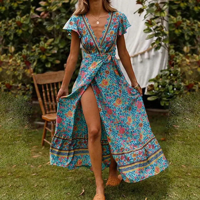 Product Image for WW | Elegantes Sommer-Maxikleid mit Rüschen, Kurzen Ärmeln und Einem Tiefen V-Ausschnitt, Mehrfarbig / S