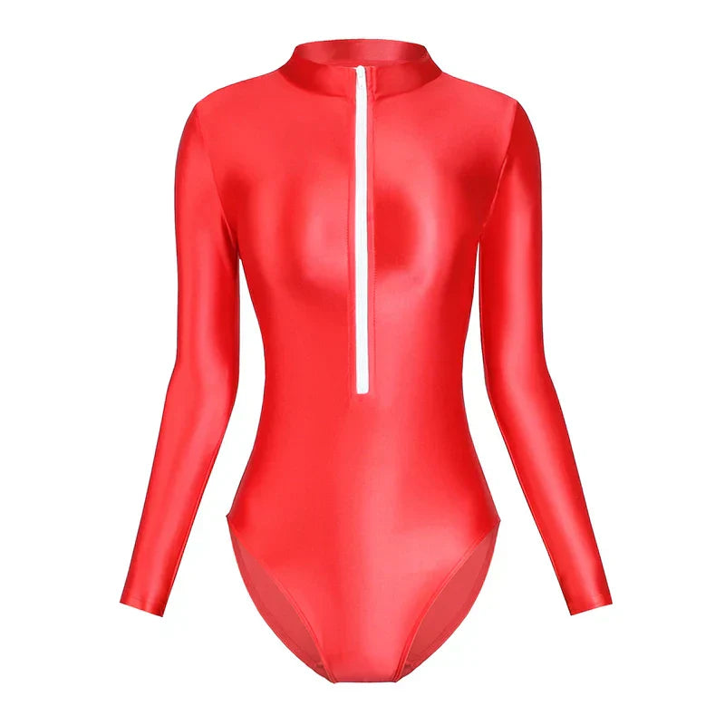 Product Image for WW | Satin Shiny Japanische Frauen Sexy Bodys Frontreißverschluss Lange Ärmel Enganliegend Glänzende Seide Hohe Ausschneiden Einteiler Badebekleidung 
