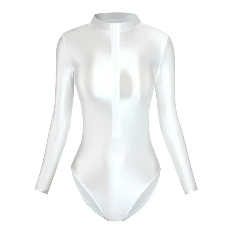 Product Image for WW | Satin Shiny Japanische Frauen Sexy Bodys Frontreißverschluss Lange Ärmel Enganliegend Glänzende Seide Hohe Ausschneiden Einteiler Badebekleidung 
