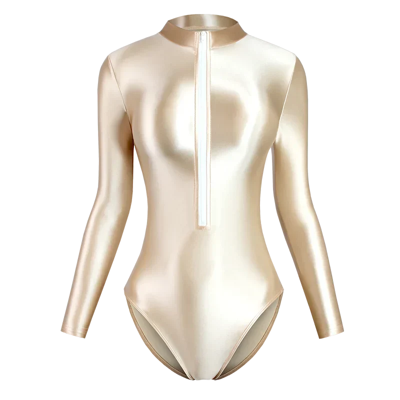 Product Image for WW | Satin Shiny Japanische Frauen Sexy Bodys Frontreißverschluss Lange Ärmel Enganliegend Glänzende Seide Hohe Ausschneiden Einteiler Badebekleidung 