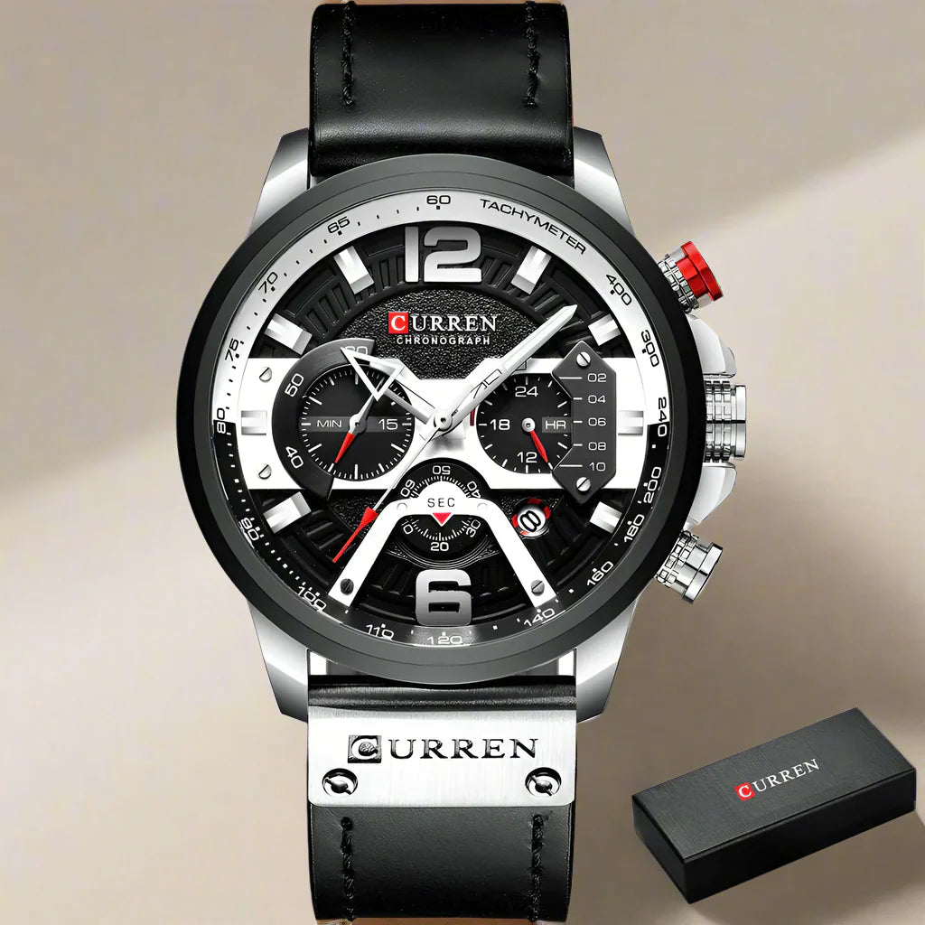 Product Image for WW | Luxus Militär Leder Uhr Für Herren, Silberne schwarze Box