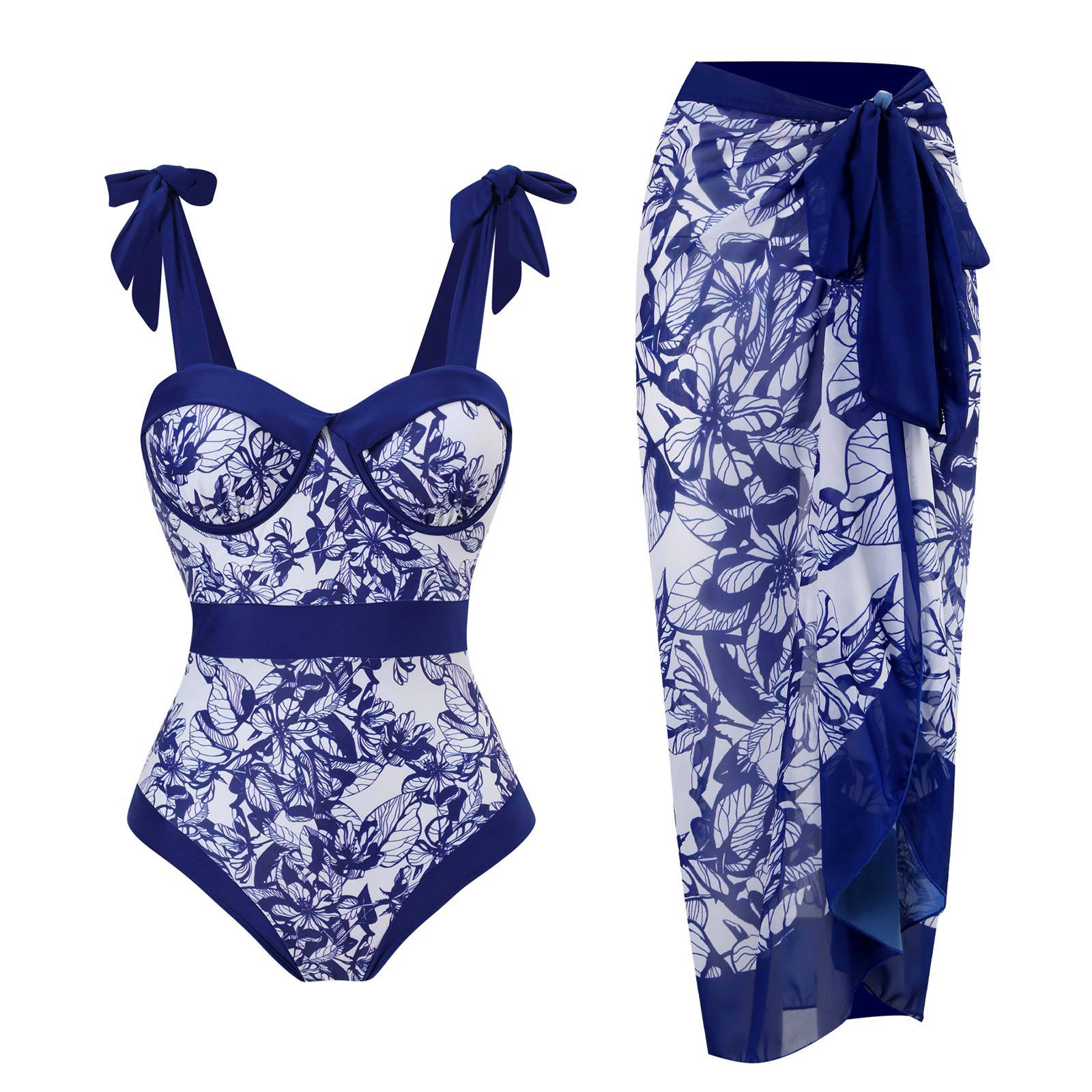 Product Image for Damen Einteiler Badeanzug mit Rüschendetails und passendem Pareo WW, Blau / L