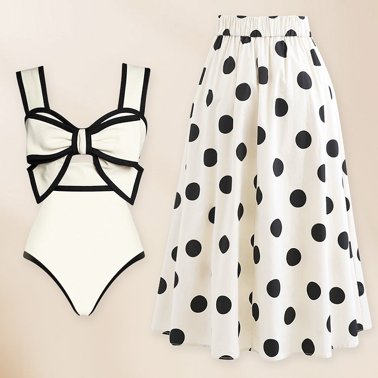 Product Image for Damen Badeanzug- und Rock-Set mit dekorativem Schleifendetail und stilvollem Punktemuster WW, Weiß / S