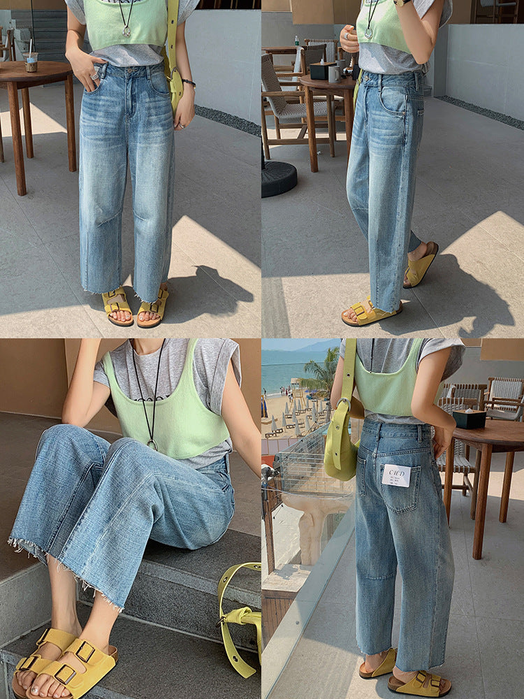 Product Image for Damen Weite-Bein Relaxed Fit Jeans mit ausgefranstem Saum WW, Blau / 28
