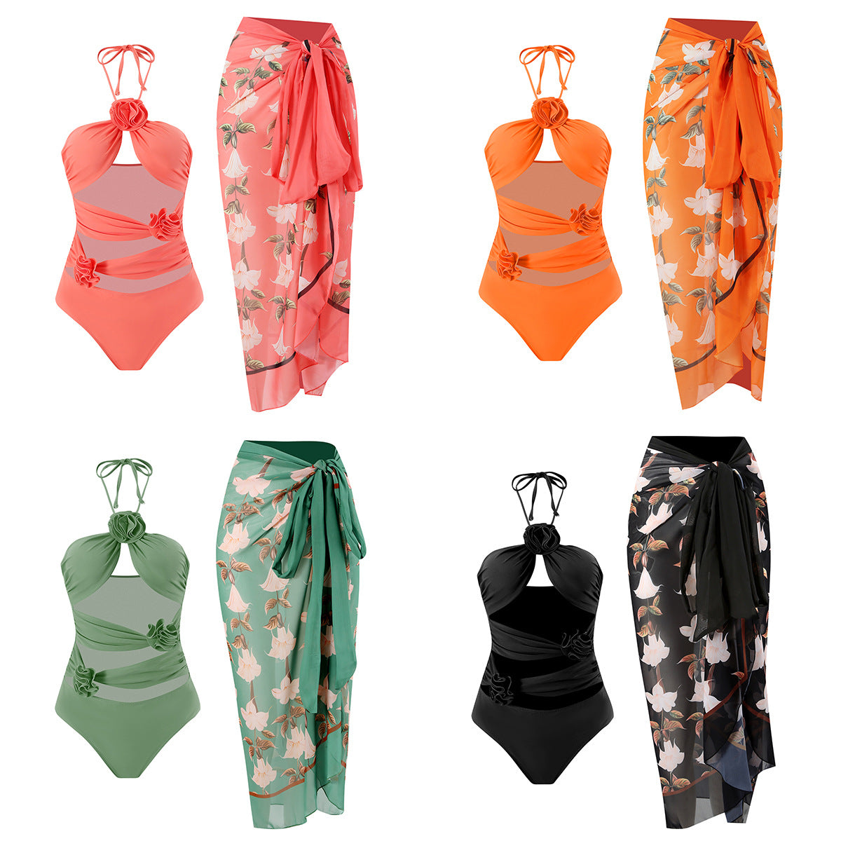 Product Image for Damen einteiliger Badeanzug mit floralem Wickelrock und raffinierten Rüschendetails WW, Orange / XL