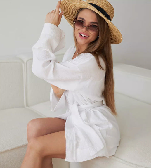 Product Image for Damen lässige Kimono-Jacke mit Gürtel und offenen Ärmeln WW, Weiß / L