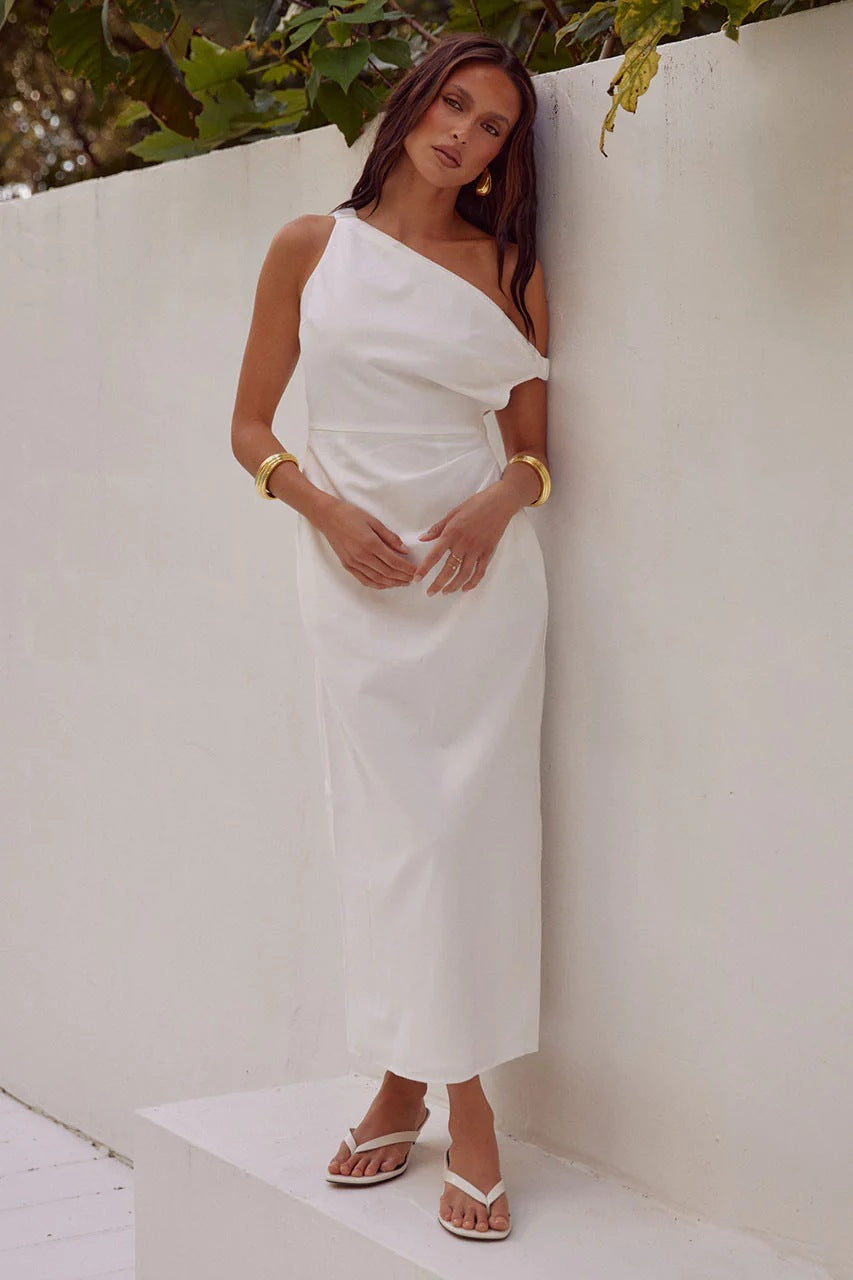 Product Image for WW | Frühling Sommer Einfarbig Schräg Schulter Off The Shoulder Sexy Mittel Länge Bis Maxi Kleid, XL / Weiß