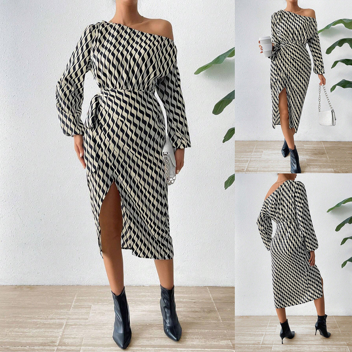 Product Image for Damen Wickelkleid mit asymmetrischem Schnitt und modischem Zickzackmuster WW, Weiß / XL
