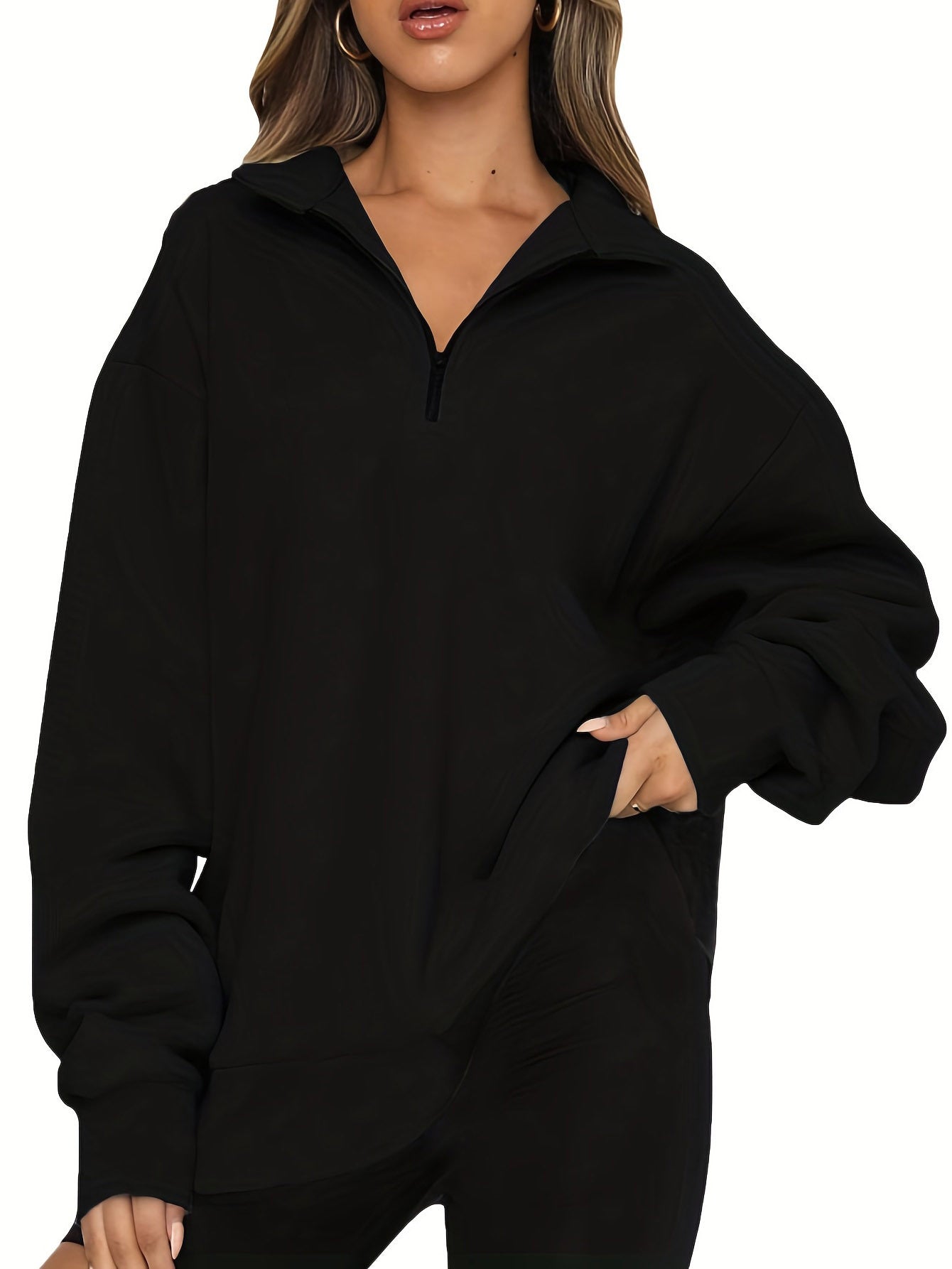 Product Image for Damen Oversized Pullover mit halbem Reißverschluss und lässigem Schnitt WW, Schwarz / S