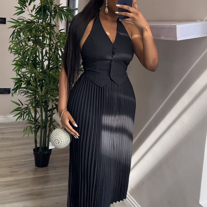 Product Image for Damen Halfterhals Falten Maxi Kleid mit strukturiertem Oberteil WW, Schwarz / XL