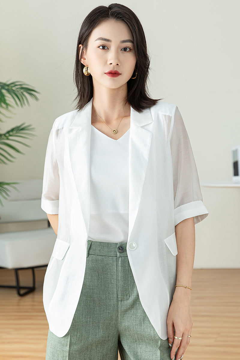 Product Image for Damen lässiger Blazer mit halblangen Ärmeln und praktischen Taschen WW, Weiß / L
